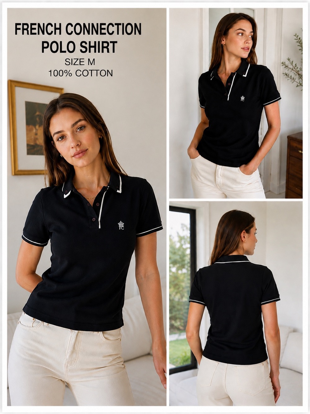 French Connection Black Polo with White Contrast Trim